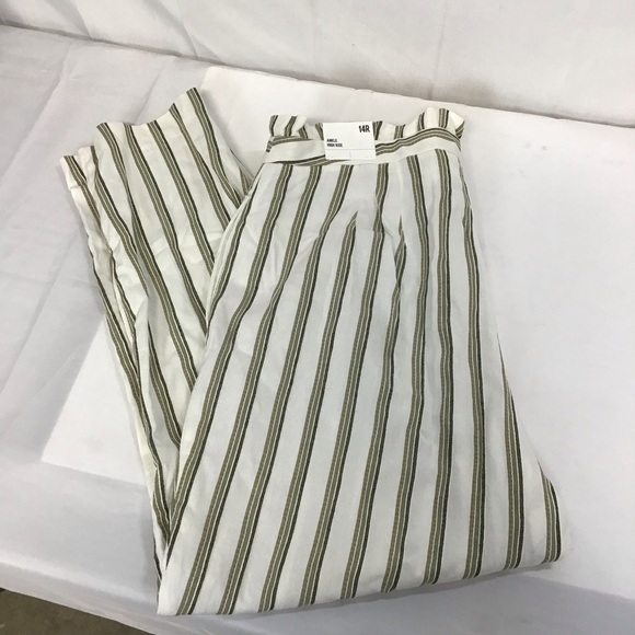 Express NWT Paperbag Waist Striped Ankle Pants High Rise Ivory Green 14R - Picture 10 of 13